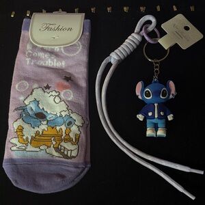 Stitch Purple Socks and Keychain Set